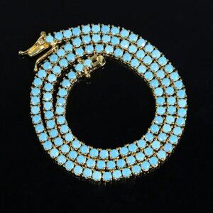 14K Gold Womens 16" Natural Turquoise Gemstone Tennis Necklace Ladies Jewelry